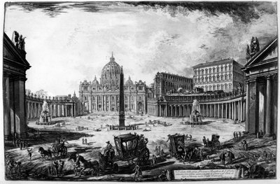 「ローマの景色」シリーズ、1760年頃のサンピエトロ大聖堂と広場の眺め 作： Giovanni Battista Piranesi